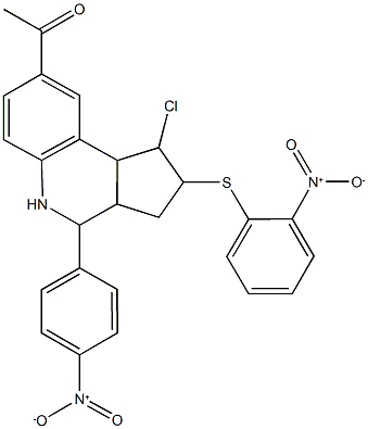 1-[1-chloro-4-{4-nitrophenyl}-2-({2-nitrophenyl}sulfanyl)-2,3,3a,4,5,9b-hexahydro-1H-cyclopenta[c]quinolin-8-yl]ethanone 结构式
