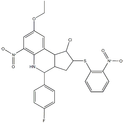 1-chloro-8-ethoxy-4-(4-fluorophenyl)-6-nitro-2-({2-nitrophenyl}sulfanyl)-2,3,3a,4,5,9b-hexahydro-1H-cyclopenta[c]quinoline 结构式
