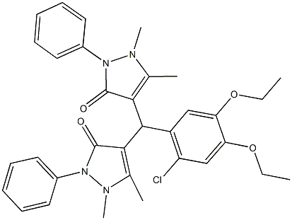 4-[(2-chloro-4,5-diethoxyphenyl)(1,5-dimethyl-3-oxo-2-phenyl-2,3-dihydro-1H-pyrazol-4-yl)methyl]-1,5-dimethyl-2-phenyl-1,2-dihydro-3H-pyrazol-3-one 结构式