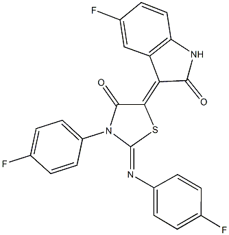 5-fluoro-3-{3-(4-fluorophenyl)-2-[(4-fluorophenyl)imino]-4-oxo-1,3-thiazolidin-5-ylidene}-1,3-dihydro-2H-indol-2-one 结构式