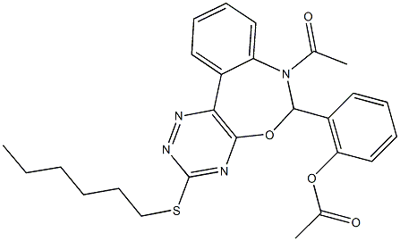 2-[7-acetyl-3-(hexylsulfanyl)-6,7-dihydro[1,2,4]triazino[5,6-d][3,1]benzoxazepin-6-yl]phenyl acetate 结构式