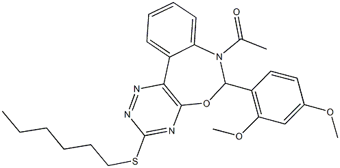 7-acetyl-6-(2,4-dimethoxyphenyl)-3-(hexylsulfanyl)-6,7-dihydro[1,2,4]triazino[5,6-d][3,1]benzoxazepine 结构式