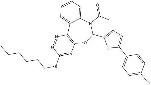 7-acetyl-6-[5-(4-chlorophenyl)-2-furyl]-3-(hexylsulfanyl)-6,7-dihydro[1,2,4]triazino[5,6-d][3,1]benzoxazepine 结构式