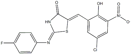 5-{5-chloro-2-hydroxy-3-nitrobenzylidene}-2-[(4-fluorophenyl)imino]-1,3-thiazolidin-4-one 结构式