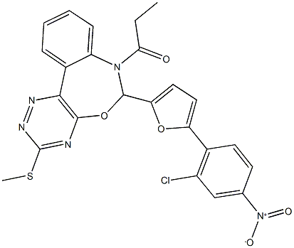 6-(5-{2-chloro-4-nitrophenyl}-2-furyl)-3-(methylsulfanyl)-7-propionyl-6,7-dihydro[1,2,4]triazino[5,6-d][3,1]benzoxazepine 结构式