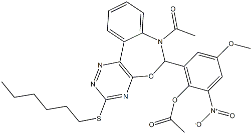2-[7-acetyl-3-(hexylsulfanyl)-6,7-dihydro[1,2,4]triazino[5,6-d][3,1]benzoxazepin-6-yl]-6-nitro-4-methoxyphenyl acetate 结构式
