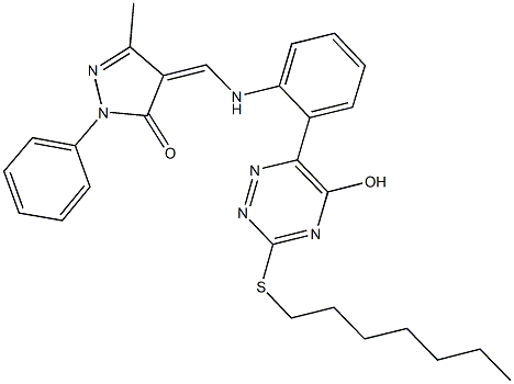 4-({2-[3-(heptylsulfanyl)-5-hydroxy-1,2,4-triazin-6-yl]anilino}methylene)-5-methyl-2-phenyl-2,4-dihydro-3H-pyrazol-3-one 结构式