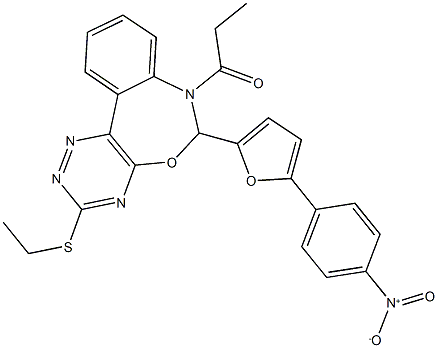 3-(ethylsulfanyl)-6-(5-{4-nitrophenyl}-2-furyl)-7-propionyl-6,7-dihydro[1,2,4]triazino[5,6-d][3,1]benzoxazepine 结构式