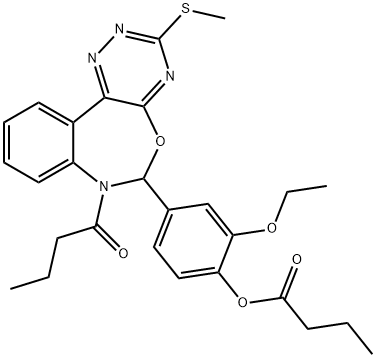 4-[7-butyryl-3-(methylsulfanyl)-6,7-dihydro[1,2,4]triazino[5,6-d][3,1]benzoxazepin-6-yl]-2-ethoxyphenyl butyrate 结构式