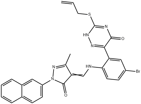 4-({2-[3-(allylsulfanyl)-5-hydroxy-1,2,4-triazin-6-yl]-4-bromoanilino}methylene)-5-methyl-2-(2-naphthyl)-2,4-dihydro-3H-pyrazol-3-one 结构式