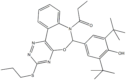 2,6-ditert-butyl-4-[7-propionyl-3-(propylsulfanyl)-6,7-dihydro[1,2,4]triazino[5,6-d][3,1]benzoxazepin-6-yl]phenol 结构式