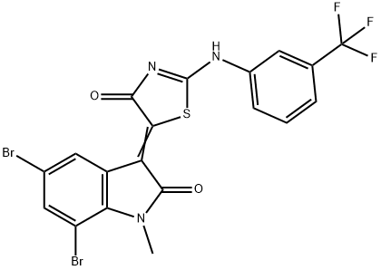 5,7-dibromo-1-methyl-3-(4-oxo-2-{[3-(trifluoromethyl)phenyl]imino}-1,3-thiazolidin-5-ylidene)-1,3-dihydro-2H-indol-2-one 结构式