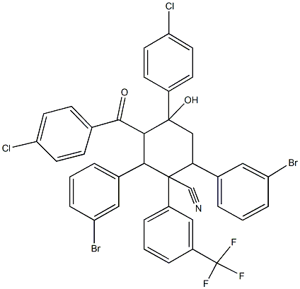 2,6-bis(3-bromophenyl)-3-(4-chlorobenzoyl)-4-(4-chlorophenyl)-4-hydroxy-1-[3-(trifluoromethyl)phenyl]cyclohexanecarbonitrile 结构式