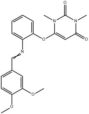 6-{2-[(3,4-dimethoxybenzylidene)amino]phenoxy}-1,3-dimethyl-2,4(1H,3H)-pyrimidinedione 结构式