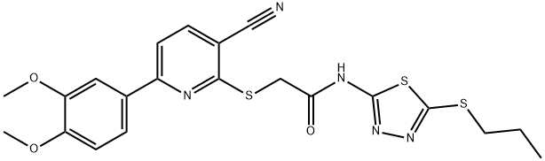 2-{[3-cyano-6-(3,4-dimethoxyphenyl)pyridin-2-yl]sulfanyl}-N-[5-(propylsulfanyl)-1,3,4-thiadiazol-2-yl]acetamide 结构式