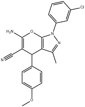 6-amino-1-(3-chlorophenyl)-4-(4-methoxyphenyl)-3-methyl-1,4-dihydropyrano[2,3-c]pyrazole-5-carbonitrile 结构式