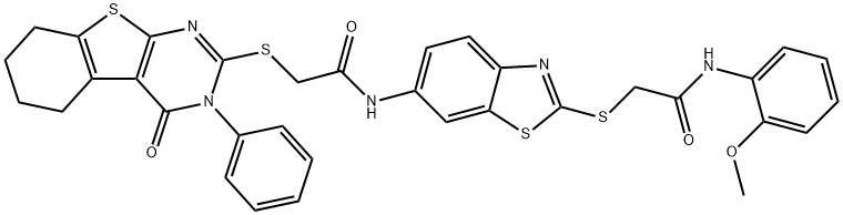 N-(2-{[2-(2-methoxyanilino)-2-oxoethyl]sulfanyl}-1,3-benzothiazol-6-yl)-2-[(4-oxo-3-phenyl-3,4,5,6,7,8-hexahydro[1]benzothieno[2,3-d]pyrimidin-2-yl)sulfanyl]acetamide 结构式