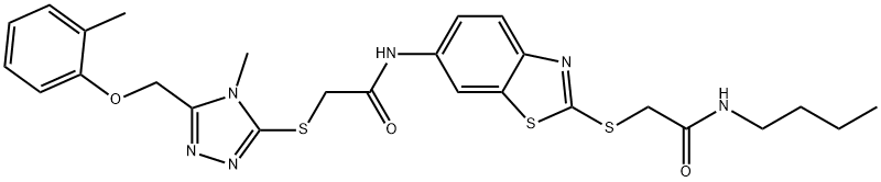 N-(2-{[2-(butylamino)-2-oxoethyl]sulfanyl}-1,3-benzothiazol-6-yl)-2-({4-methyl-5-[(2-methylphenoxy)methyl]-4H-1,2,4-triazol-3-yl}sulfanyl)acetamide 结构式