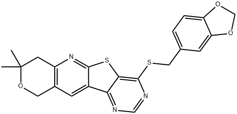 1,3-benzodioxol-5-ylmethyl 8,8-dimethyl-7,10-dihydro-8H-pyrano[3'',4'':5',6']pyrido[3',2':4,5]thieno[3,2-d]pyrimidin-4-yl sulfide 结构式
