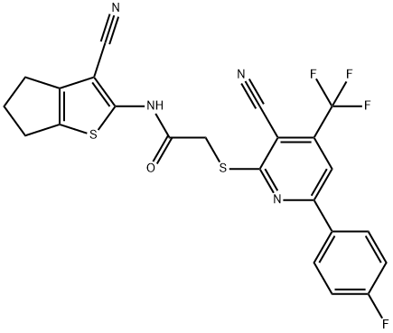 N-(3-cyano-5,6-dihydro-4H-cyclopenta[b]thien-2-yl)-2-{[3-cyano-6-(4-fluorophenyl)-4-(trifluoromethyl)pyridin-2-yl]sulfanyl}acetamide 结构式