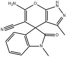 6-amino-1',3-dimethyl-1,1',3',4-tetrahydro-2'-oxospiro(pyrano[2,3-c]pyrazole-4,3'-[2'H]-indole)-5-carbonitrile 结构式