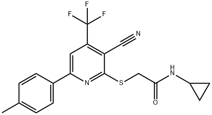 2-{[3-cyano-6-(4-methylphenyl)-4-(trifluoromethyl)pyridin-2-yl]sulfanyl}-N-cyclopropylacetamide 结构式