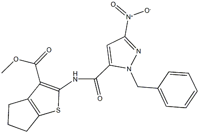 methyl 2-[({1-benzyl-3-nitro-1H-pyrazol-5-yl}carbonyl)amino]-5,6-dihydro-4H-cyclopenta[b]thiophene-3-carboxylate 结构式