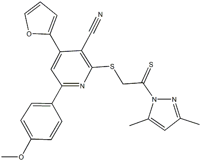 2-{[2-(3,5-dimethyl-1H-pyrazol-1-yl)-2-thioxoethyl]sulfanyl}-4-(2-furyl)-6-(4-methoxyphenyl)nicotinonitrile 结构式