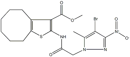 methyl 2-[({4-bromo-3-nitro-5-methyl-1H-pyrazol-1-yl}acetyl)amino]-4,5,6,7,8,9-hexahydrocycloocta[b]thiophene-3-carboxylate 结构式