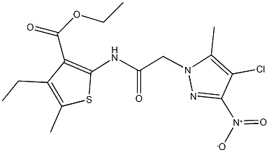 ethyl 2-[({4-chloro-3-nitro-5-methyl-1H-pyrazol-1-yl}acetyl)amino]-4-ethyl-5-methyl-3-thiophenecarboxylate 结构式