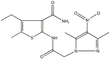 4-ethyl-2-[({4-nitro-3,5-dimethyl-1H-pyrazol-1-yl}acetyl)amino]-5-methyl-3-thiophenecarboxamide 结构式