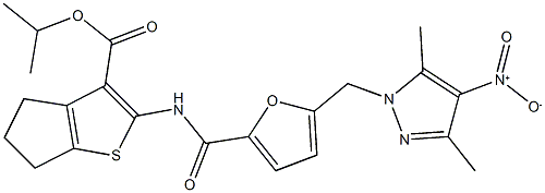 isopropyl 2-{[5-({4-nitro-3,5-dimethyl-1H-pyrazol-1-yl}methyl)-2-furoyl]amino}-5,6-dihydro-4H-cyclopenta[b]thiophene-3-carboxylate 结构式