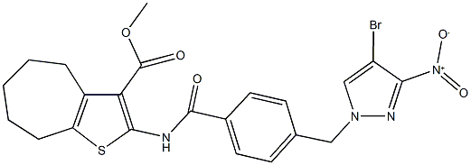 methyl 2-{[4-({4-bromo-3-nitro-1H-pyrazol-1-yl}methyl)benzoyl]amino}-5,6,7,8-tetrahydro-4H-cyclohepta[b]thiophene-3-carboxylate 结构式