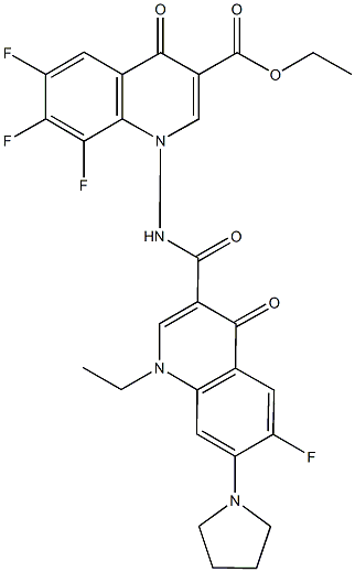 ethyl 1-{[(1-ethyl-6-fluoro-4-oxo-7-pyrrolidin-1-yl-1,4-dihydroquinolin-3-yl)carbonyl]amino}-6,7,8-trifluoro-4-oxo-1,4-dihydroquinoline-3-carboxylate 结构式