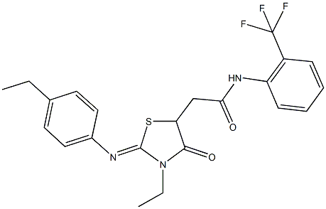 2-{3-ethyl-2-[(4-ethylphenyl)imino]-4-oxo-1,3-thiazolidin-5-yl}-N-[2-(trifluoromethyl)phenyl]acetamide 结构式