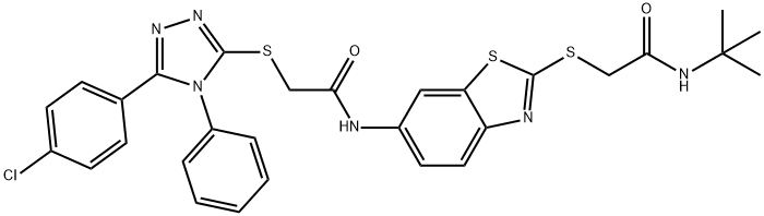 N-(2-{[2-(tert-butylamino)-2-oxoethyl]sulfanyl}-1,3-benzothiazol-6-yl)-2-{[5-(4-chlorophenyl)-4-phenyl-4H-1,2,4-triazol-3-yl]sulfanyl}acetamide 结构式