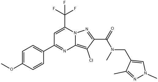 3-chloro-N-[(1,3-dimethyl-1H-pyrazol-4-yl)methyl]-5-(4-methoxyphenyl)-N-methyl-7-(trifluoromethyl)pyrazolo[1,5-a]pyrimidine-2-carboxamide 结构式