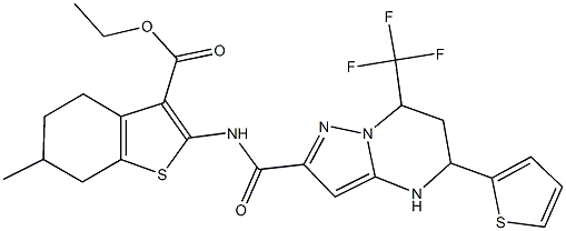 ethyl 6-methyl-2-({[5-(2-thienyl)-7-(trifluoromethyl)-4,5,6,7-tetrahydropyrazolo[1,5-a]pyrimidin-2-yl]carbonyl}amino)-4,5,6,7-tetrahydro-1-benzothiophene-3-carboxylate 结构式