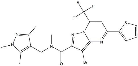 3-bromo-N-methyl-5-thien-2-yl-7-(trifluoromethyl)-N-[(1,3,5-trimethyl-1H-pyrazol-4-yl)methyl]pyrazolo[1,5-a]pyrimidine-2-carboxamide 结构式