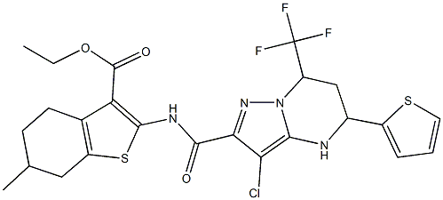 ethyl 2-({[3-chloro-5-(2-thienyl)-7-(trifluoromethyl)-4,5,6,7-tetrahydropyrazolo[1,5-a]pyrimidin-2-yl]carbonyl}amino)-6-methyl-4,5,6,7-tetrahydro-1-benzothiophene-3-carboxylate 结构式