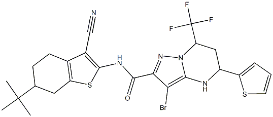 3-bromo-N-(6-tert-butyl-3-cyano-4,5,6,7-tetrahydro-1-benzothien-2-yl)-5-(2-thienyl)-7-(trifluoromethyl)-4,5,6,7-tetrahydropyrazolo[1,5-a]pyrimidine-2-carboxamide 结构式