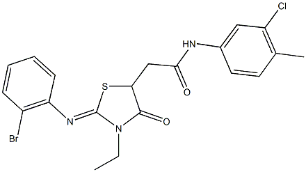 2-{2-[(2-bromophenyl)imino]-3-ethyl-4-oxo-1,3-thiazolidin-5-yl}-N-(3-chloro-4-methylphenyl)acetamide 结构式