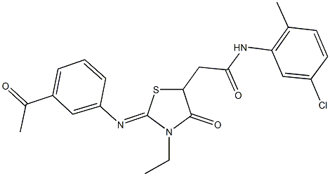 2-{2-[(3-acetylphenyl)imino]-3-ethyl-4-oxo-1,3-thiazolidin-5-yl}-N-(5-chloro-2-methylphenyl)acetamide 结构式