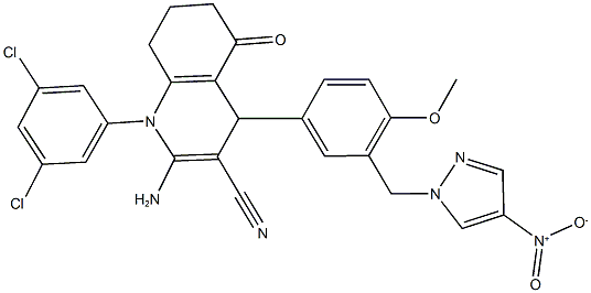 2-amino-1-(3,5-dichlorophenyl)-4-[3-({4-nitro-1H-pyrazol-1-yl}methyl)-4-methoxyphenyl]-5-oxo-1,4,5,6,7,8-hexahydroquinoline-3-carbonitrile 结构式