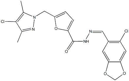 N'-[(6-chloro-1,3-benzodioxol-5-yl)methylene]-5-[(4-chloro-3,5-dimethyl-1H-pyrazol-1-yl)methyl]-2-furohydrazide 结构式