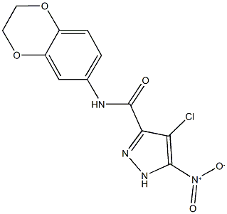 4-chloro-N-(2,3-dihydro-1,4-benzodioxin-6-yl)-5-nitro-1H-pyrazole-3-carboxamide 结构式