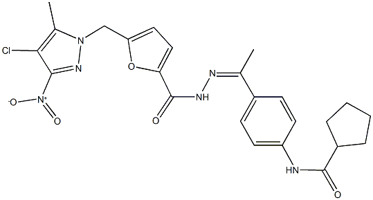 N-(4-{N-[5-({4-chloro-3-nitro-5-methyl-1H-pyrazol-1-yl}methyl)-2-furoyl]ethanehydrazonoyl}phenyl)cyclopentanecarboxamide 结构式