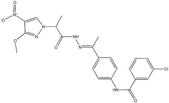 3-chloro-N-{4-[N-(2-{4-nitro-3-methoxy-1H-pyrazol-1-yl}propanoyl)ethanehydrazonoyl]phenyl}benzamide 结构式