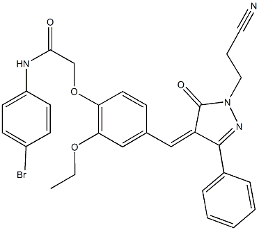 N-(4-bromophenyl)-2-(4-{[1-(2-cyanoethyl)-5-oxo-3-phenyl-1,5-dihydro-4H-pyrazol-4-ylidene]methyl}-2-ethoxyphenoxy)acetamide 结构式