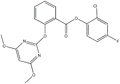 2-chloro-4-fluorophenyl 2-[(4,6-dimethoxypyrimidin-2-yl)oxy]benzoate 结构式